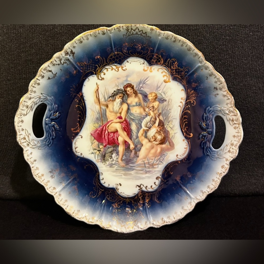 Royal Bavarian Round Tray Flow Blue Gold  Handles Mythology Scene Neptune 10”